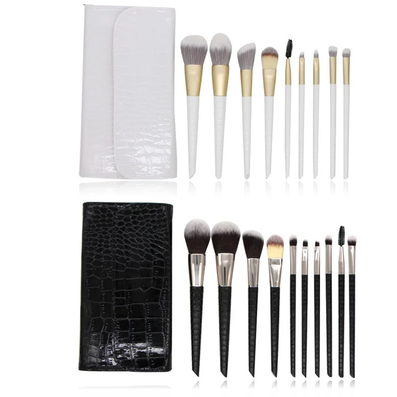 

New 10 Pcs Crocodile Pattern Makeup Brush Set Professional Cosmetic Brushes Set With PU Bag Beauty Tools Full Makeup Needed, Black/white