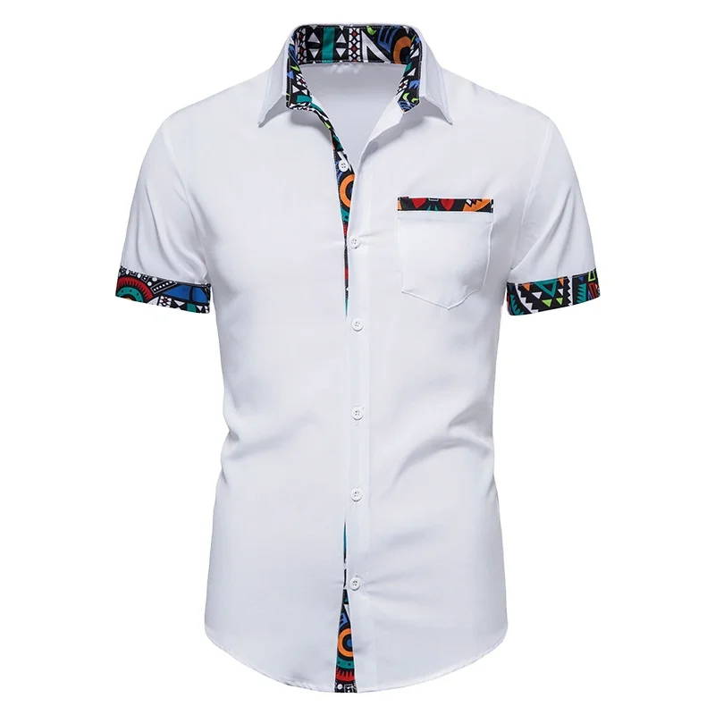 S-XXL Summer New Men's African Print Panel Design Short Sleeve Button Shirt Men's Casual Shirt
