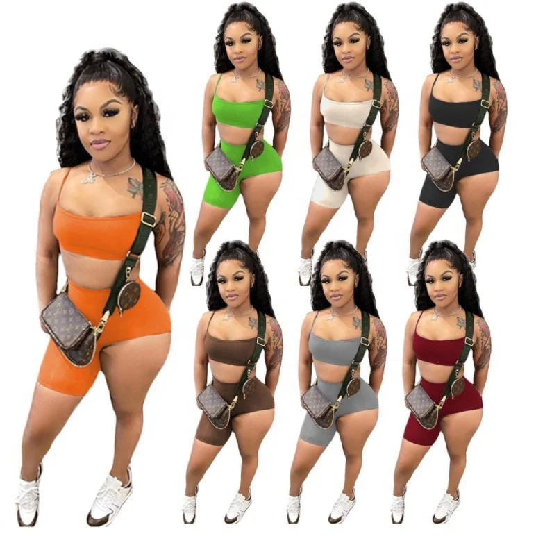 

Amazon Solid Color Sexy Sports Sling Shorts Summer Yoga Set Loungewear Women Sets Two Piece Short Set Women