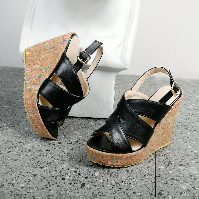 

Commuter White Cross Strap Comfortable Women Sandals Platform Chunky Wedges 12cm, Black,white