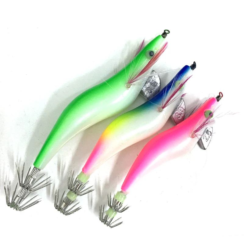 

Colorful wooden shrimp blaze jenny wooden shrimp boat model luminous Artificial Bait squid jig hook fishing lures luminous