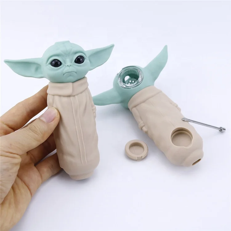

Good Silicone Weed Pipes Baby Yoda Grogu Tobacco Dabs Smoking Accessories Dried Pipe with Dabber Glass Bowl Smoke Filter Screen, Beige + blue