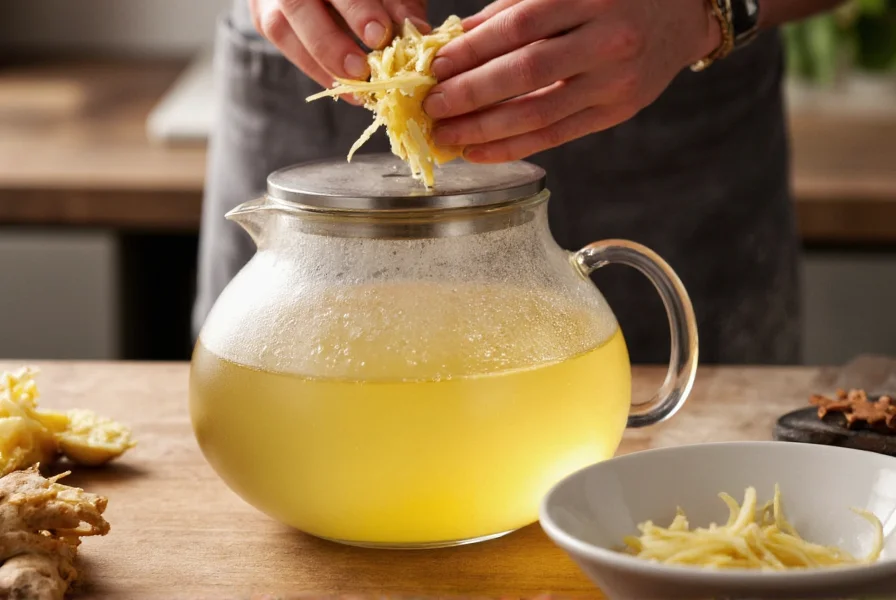 Fresh ginger root being grated into a teapot with boiling water