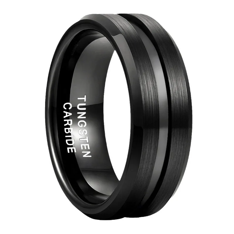 POYA 6mm 8mm Grooved Beveled Edges Black Brushed Tungsten Carbide Ring for Men Women Fashion Engagement Wedding Band