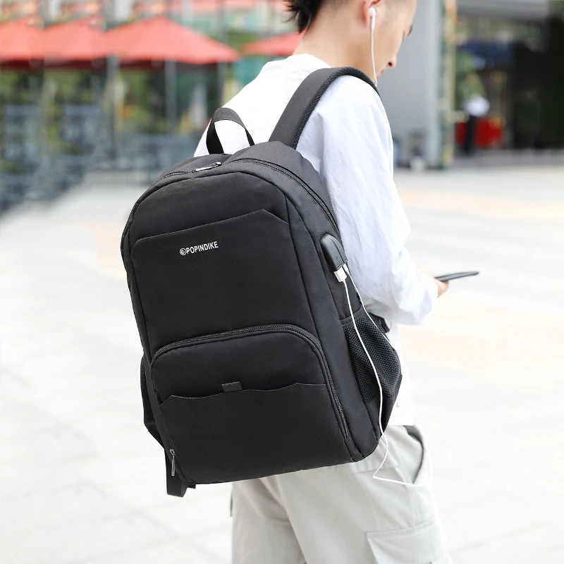

China Hot Minimalist Black Cool Teenage Boys mens Hiking Laptop Daypack Backpack With USB Charging port, Customizable