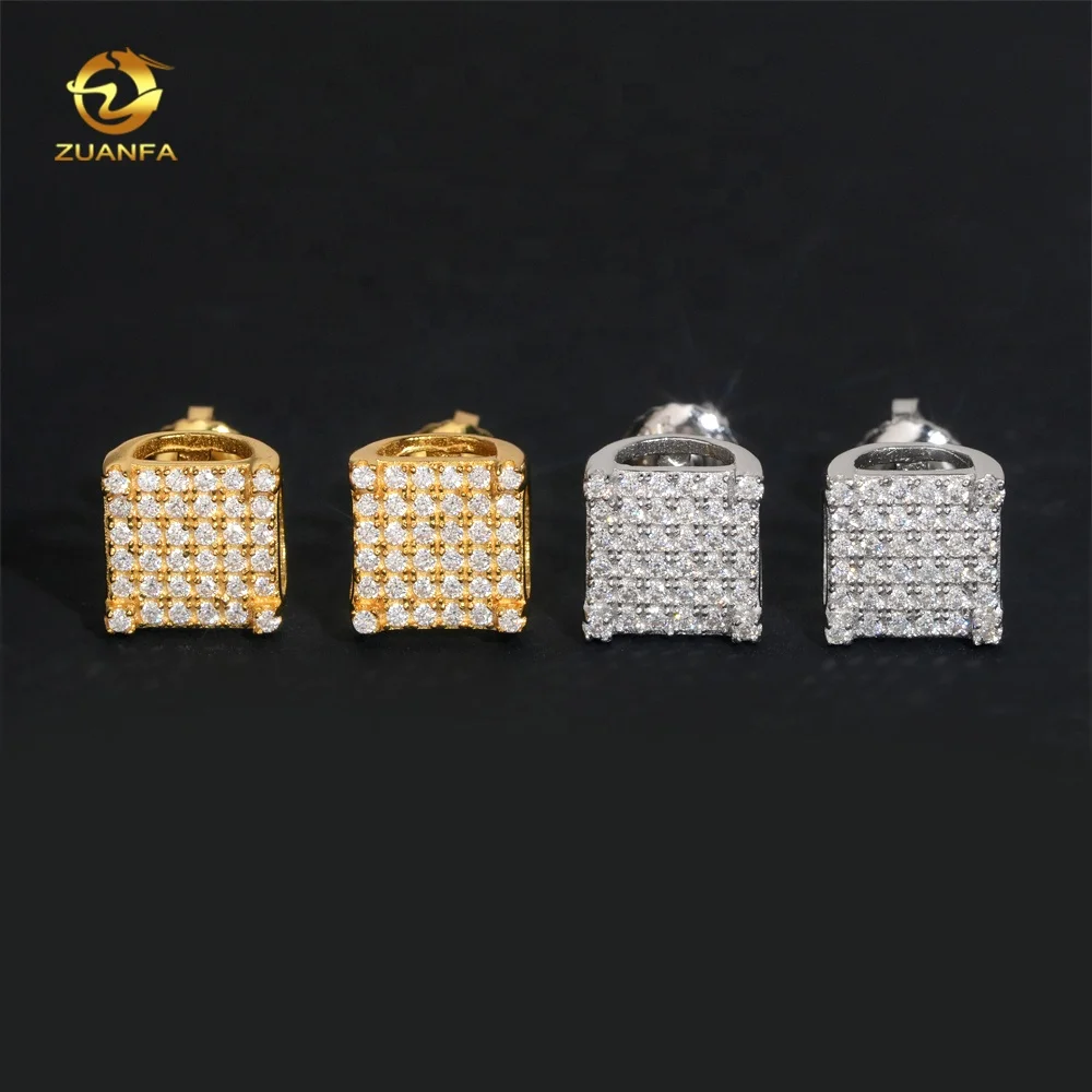 Hip Hop Square Stud 925 Sterling Silver Men Screw Back Iced Out Moissanite Earrings