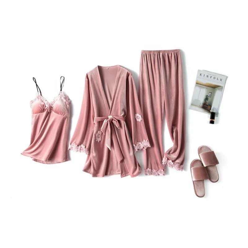 

Wholesale women nightwear three pieces robe sets of silk satin pajamas