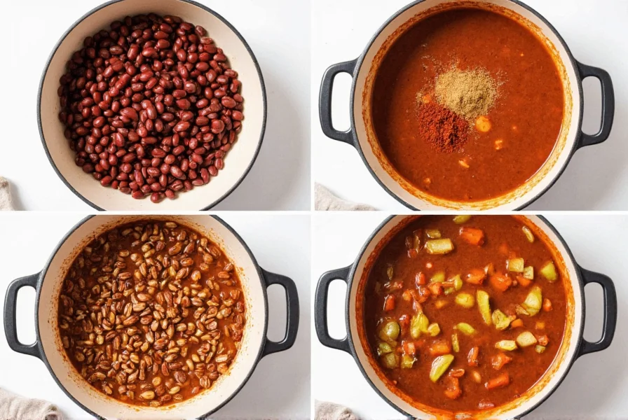 Step-by-step preparation of chili beans showing beans simmering in a pot with spices and vegetables