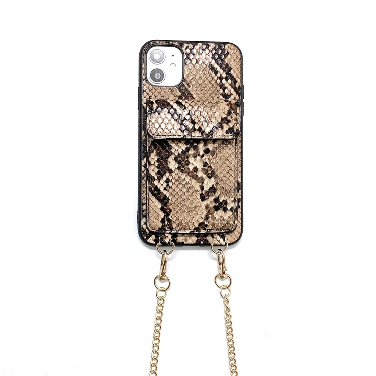 

2021 Newest Necklace Snakeskin Leather Wallet Phone Case with Card Slot Neck Strap for iPhone 12 11 pro max for Huawei P40 P30