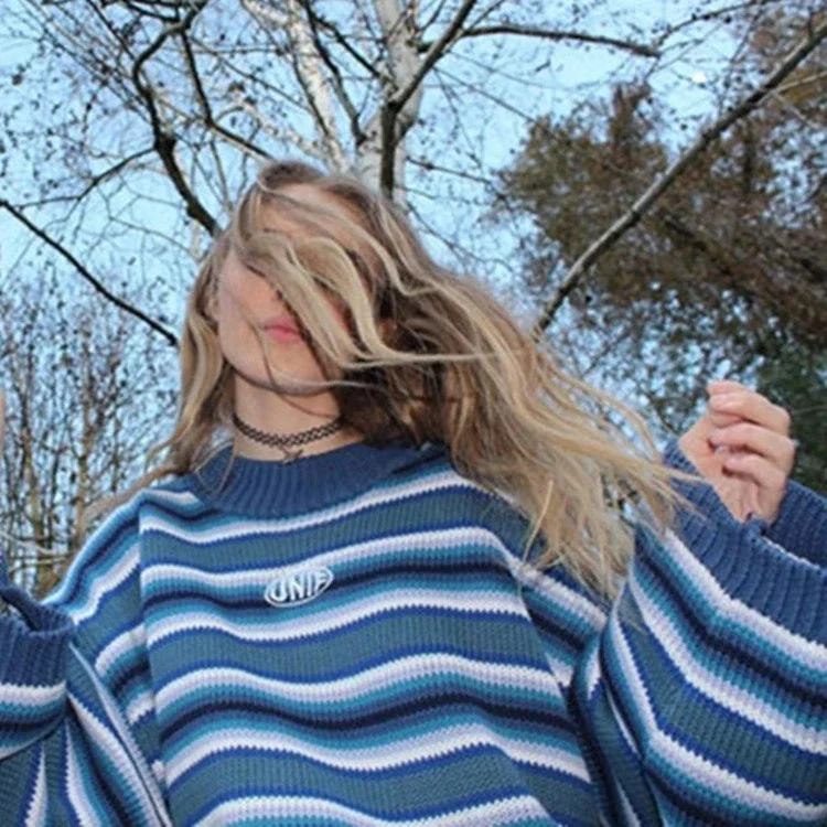 

2021 Harajuku Striped Shirt Cotton Pullover Cute High Street Women Sweaters And Pullovers Long Sweater