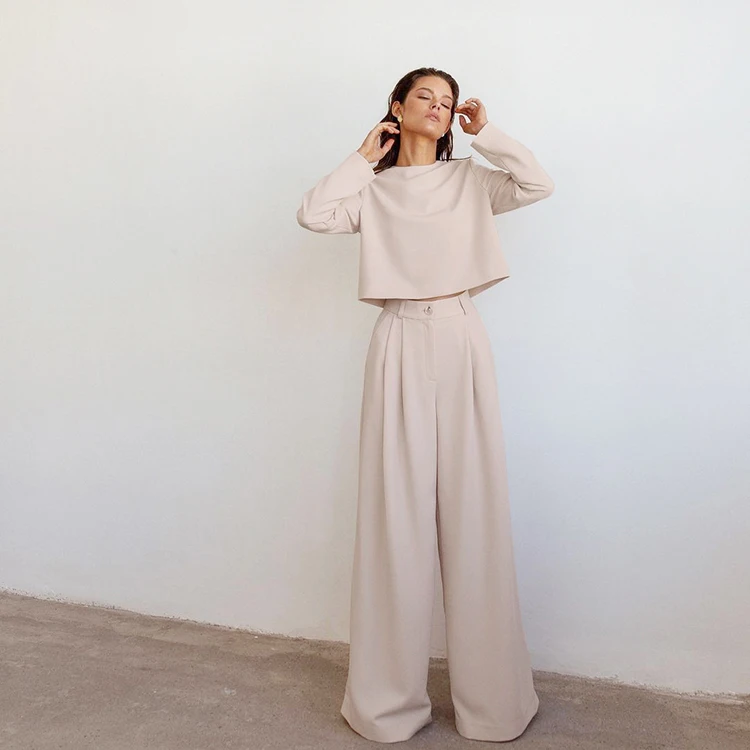 

New Classic Floor-Length Pleated Loose Women Trousers Wide Leg Pants Vintage Female Palazzo Pants Two Piece Set