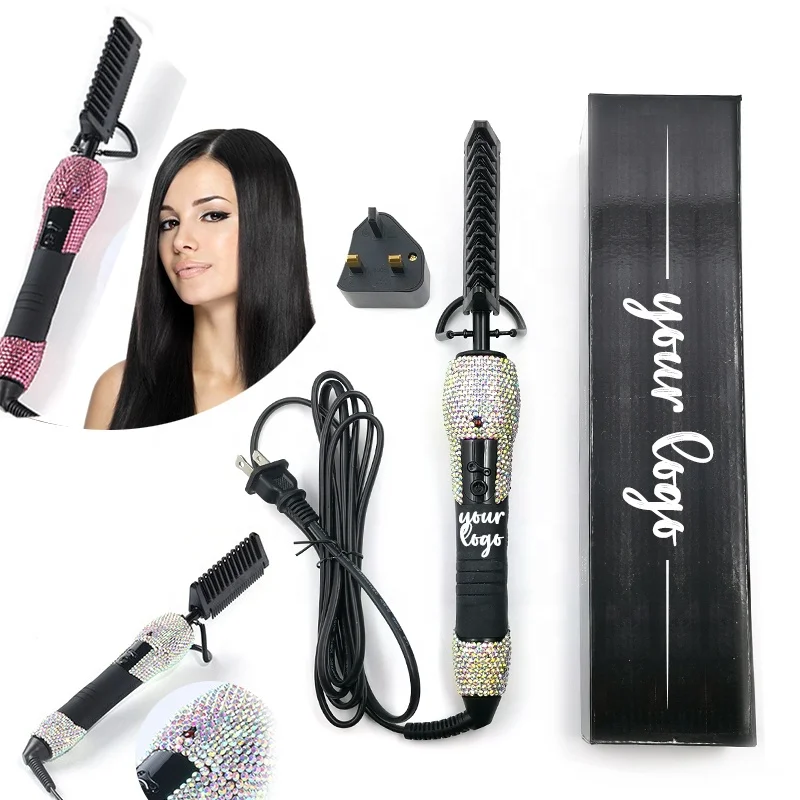 

Custom logo Professional High Temperature Aluminum alloy brush head Hair Straightening Bling Rhinestone hair electric hot comb