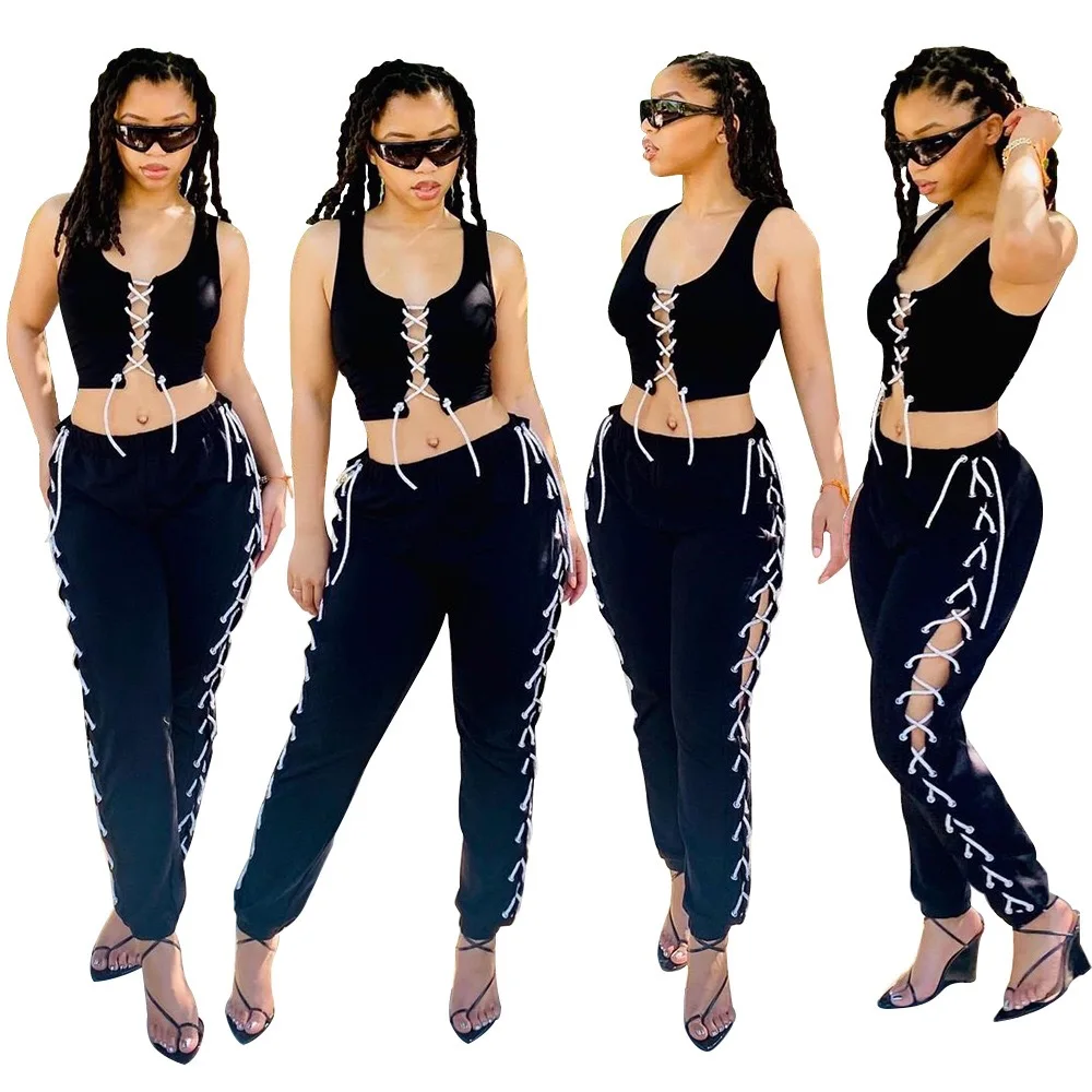 

Latest high quality bandage crop top and tie up jogger pants women sleeveless summer fashion outfits, 1 colors