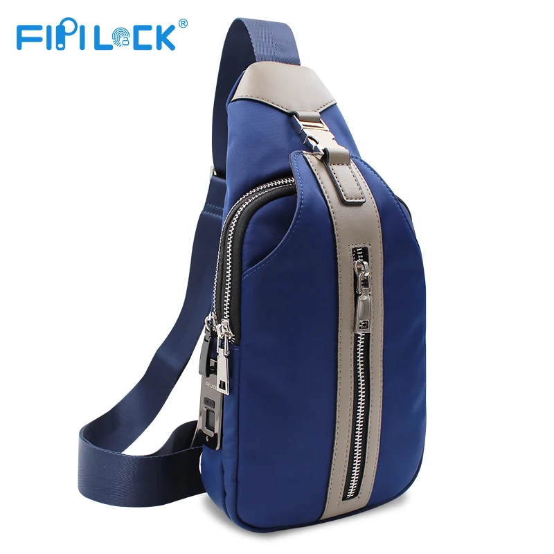 

FL-V8 Waterproof men messenger fingerprint bag lock anti theft cross body deodorizes bag, Black /blue