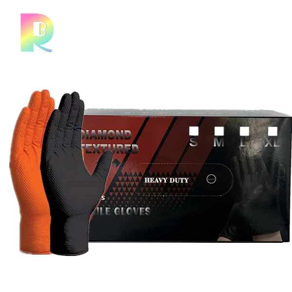 

Ready to Ship Thick Durable Mechanical Industrial Heavy Duty Orange Black Diamond Textured Nitrile Gloves