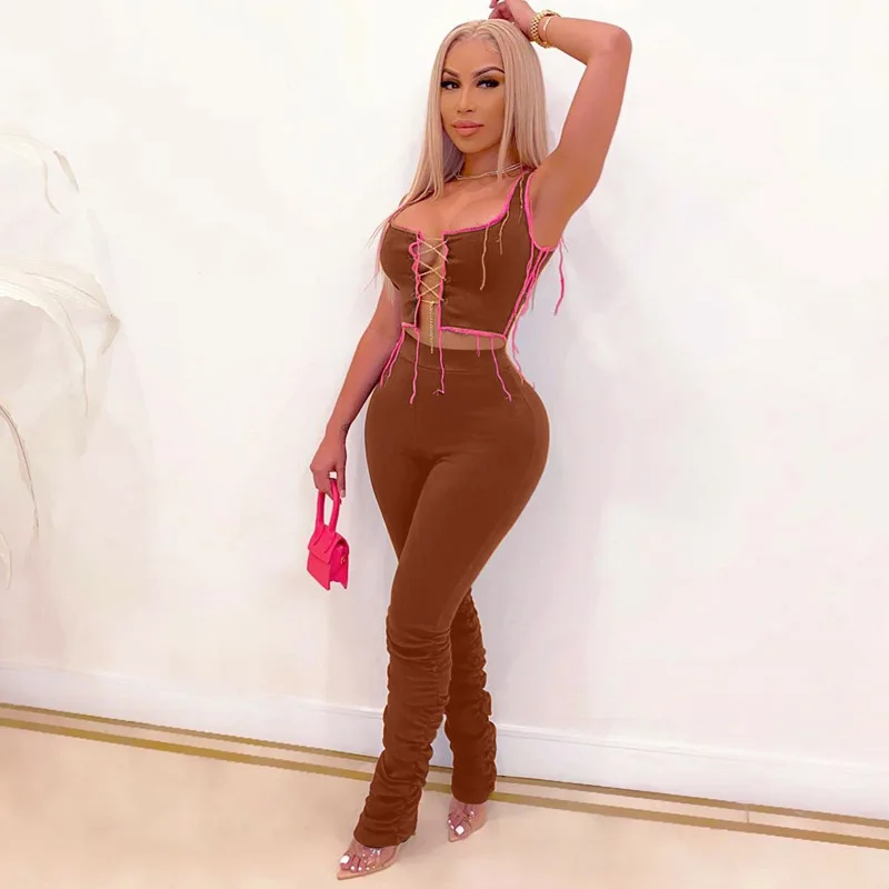 

Free Shipping C12130 - women strap crop top fashion sleeveless solid pleated two piece pants set