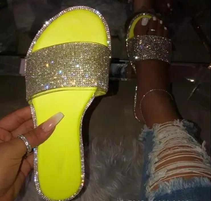 

Plus size candy colors rhinestone shiny women's indoor casual flat slippers wholesale, Customized
