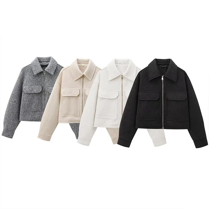 ZATRHMBM Autumn New Women's Clothing 2024 Fashion Zipper Short Jacket Retro Lapel Long Sleeve Street Casual Female Jacket