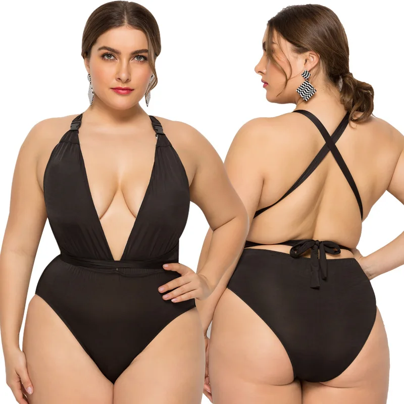 

Plus Size One Piece Swimsuit Deep V One Piece Swimsuit Solid Color Bikini for Sale