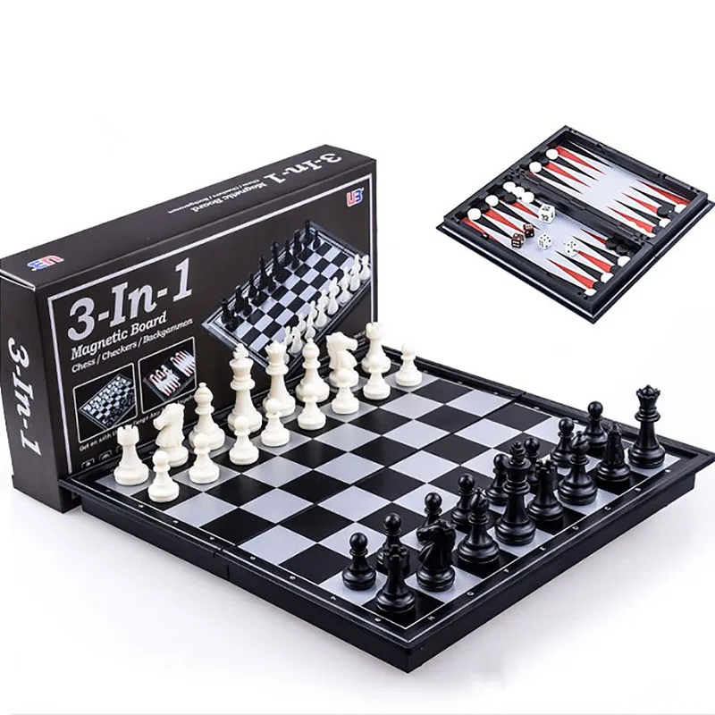 

Wholesale multi functional hiWgh quality chess 3 in 1 outdoor magnetic games chessboard checkers backgammon chess board price, Black and white