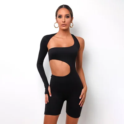 

2021 fashion one shoulder solid 2 pcs set tracksuit irregular sexy biker shorts set for woman