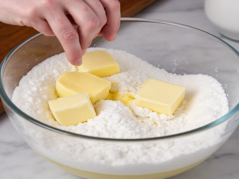 Hand mixing powdered sugar and butter in glass bowl