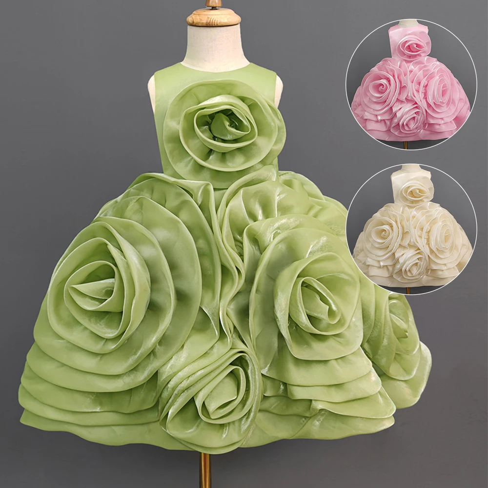 

2-13T Flower Wedding Dresses Children High Quality Tutu O-Neck Big Flower Princess Long Clothing