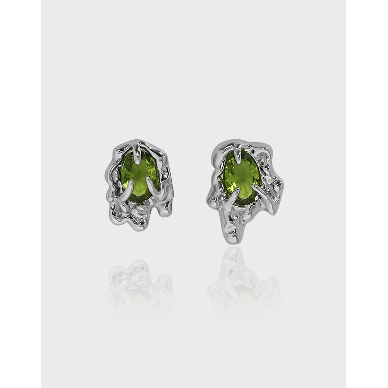 Top Grade Quality Olive Green Lava Zirconia Texture S925 Sterling Silver Asymmetric Earrings Jewelry for Women