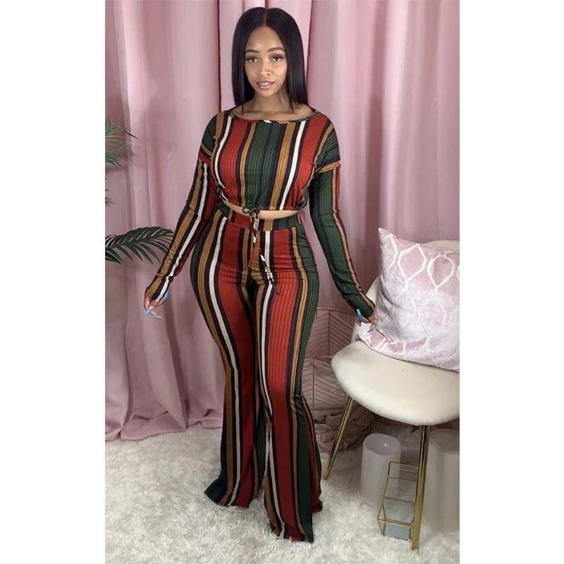 

Hot sale high quality rainbow stripe 2 piece flared pants sets long sleeve outfit fall women pants suit sets, As picture or customized make