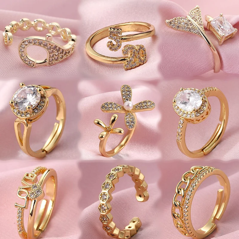 

Wholesale 18K Gold Plate Vintage Stackable Rhinestone Pearl Zircon Y2K Letter Flower Finger Ring for Women Trendy Jewelry Gift
