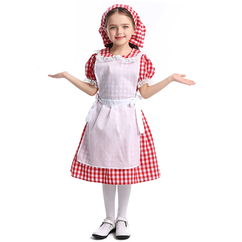 

Purim Girl Little House On The Prairie Costume Carnival Halloween Pioneer Olden Day Plaid Dress Cosplay Fancy Party Dress, Shown