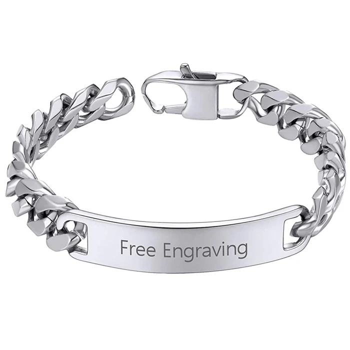 

Custom Engraved Curb Link bracelet Initial Engraving Personalized Bracelets Jewelry Men Stainless Steel Cuban Chain ID Bracelets