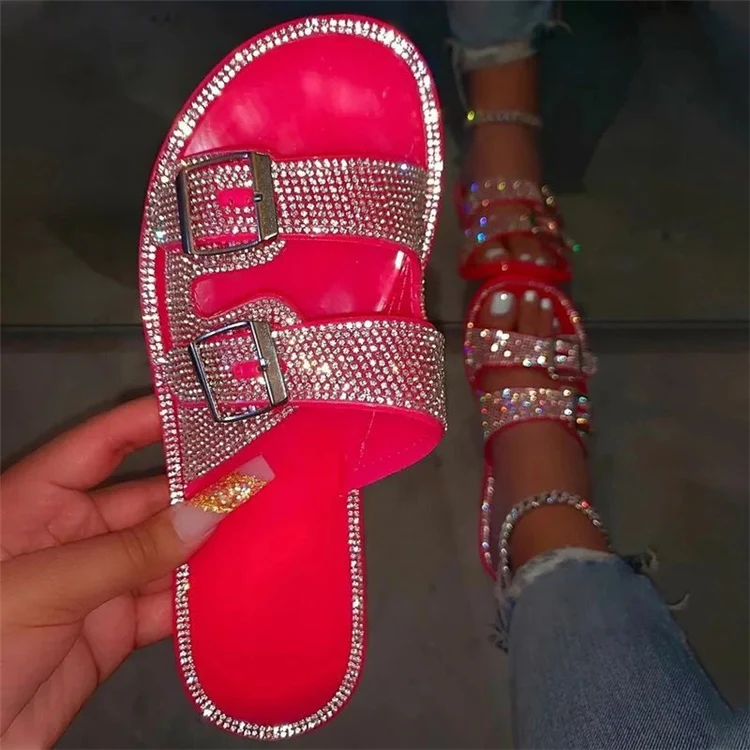 

Rhinestone Glittering Double Strap Buckle Flat Sandals Women Summer Beach Slippers For Ladies Slippers 2021