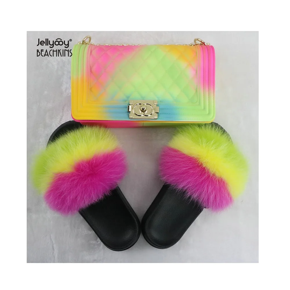 

BPF 2021 Hot Selling Wholesale Real Furry Fur Slides With Jelly Purses Sets For Women