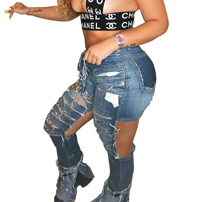 Fancy Girls Stylish Scratch Trousers Female Women Ripped Destroyed Denim Damaged Jeans Stacked