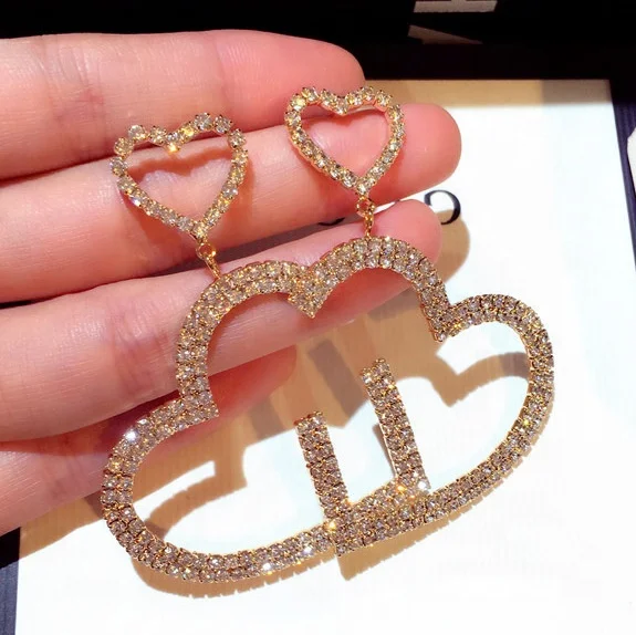 

New Fashion Dangle Earrings Long Earrings For Women Rhinestone Heart-shaped Big Earrings Women, Picture shows