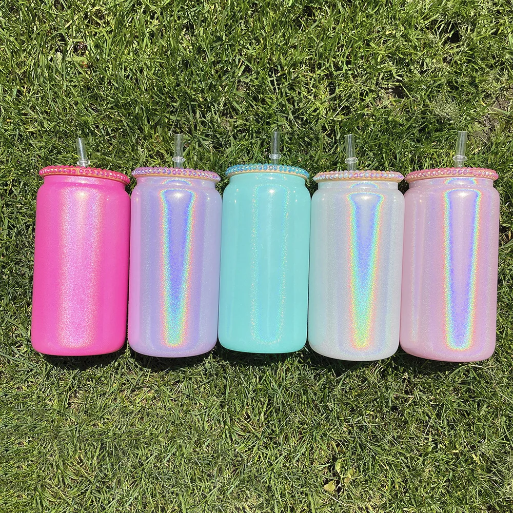 

Z08 16oz Sublimation Drink Cups Glass Soda CanShaped Rainbow Shimmer Glitter Beer Glass With Bamboo Lid And Straw