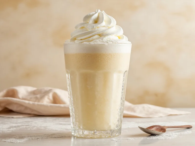 Creamy vanilla milkshake in frosty glass with swirling whipped cream