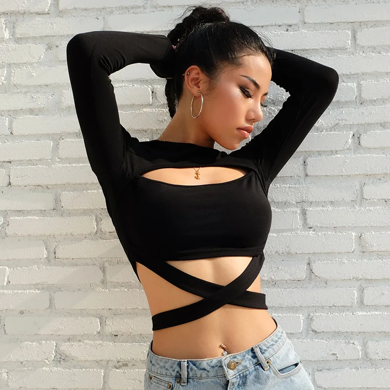 

Fashion new women's hollow long-sleeved t-shirt, As pictures