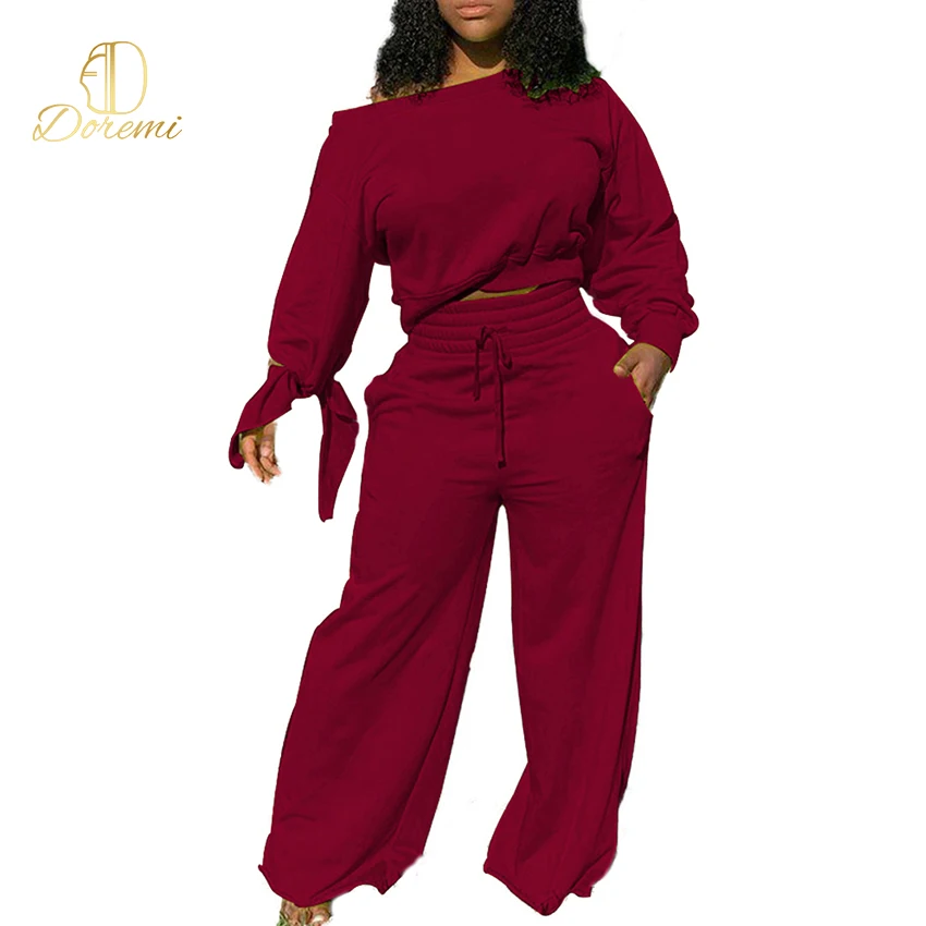 

Hot street trend solid color long-sleeved sweater wide-leg pants full set customized any logo professional 2 piece set womens