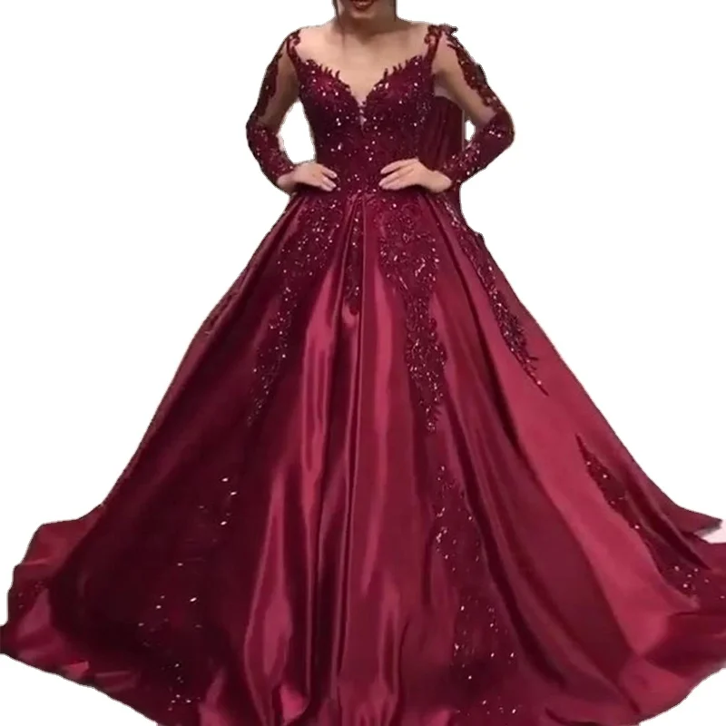 

Elegant Long Sleeve Ball Gown Satin Wine Red Woman Evening Dresses For Wholesale, Shown
