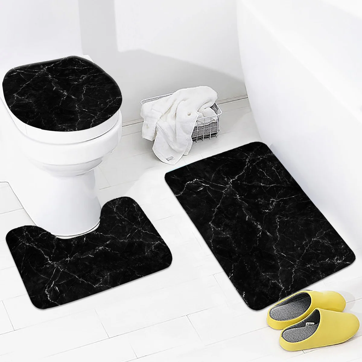 

Digital Printed Black Marble Polyester Custom bath mat Bathroom Sets 3 pieces Rugs Sets Water absorbent cheap price, Customized