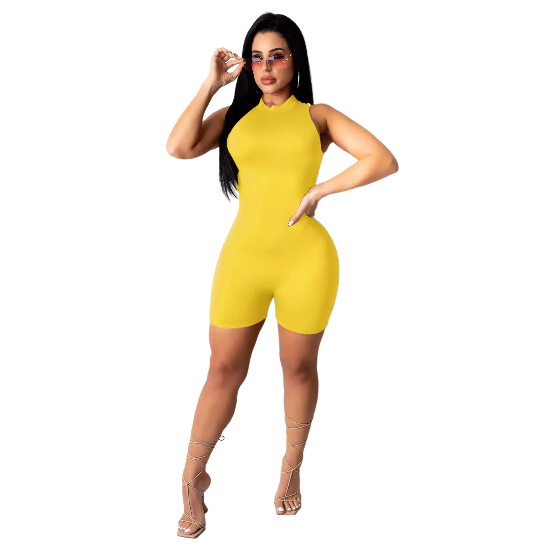 

New Arrival Women's Solid Color Sleeveless Sexy One Piece Bodycon Jumpsuit Skinny Shorts Rompers