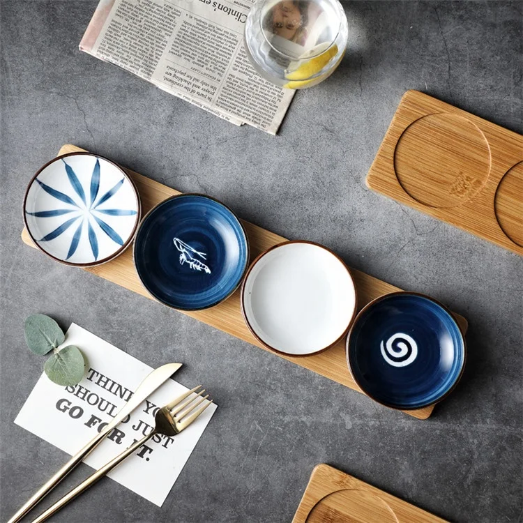 

Ceramic Sauce Bowl Snack Nut Dessert Compartment Dish Set With Bamboo Tray, As show