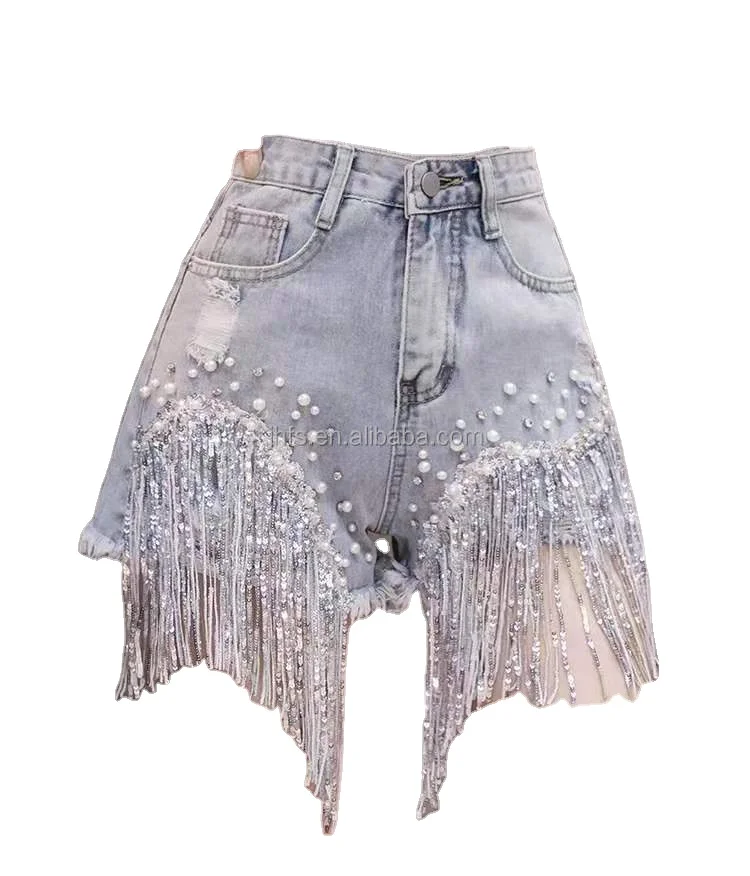 

J&H fashion 2022 denim shorts with rhinestone tassels fringe ladies high quality pearl shorts chic jean short pants, 1 colors as picture
