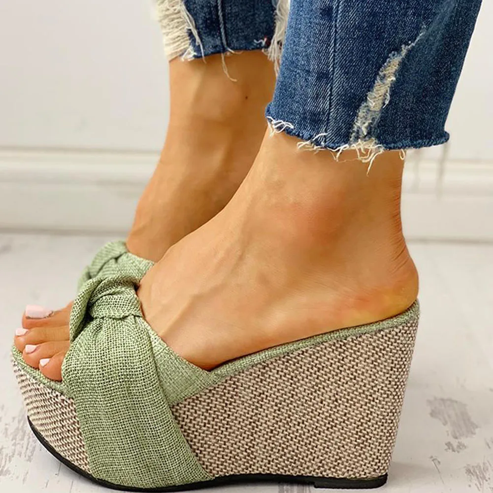 

Bow Tied Slip on Leisure Platform Summer Sandals 2021 Wedges High Heels Women Shoes Women Mules Flip Flops, As pictures