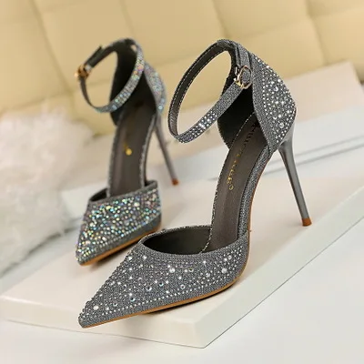 

Sweet high-heeled shoes stiletto high-heeled shallow mouth pointed toe hollow word with shiny rhinestones women sandals, Different colors and support to customized