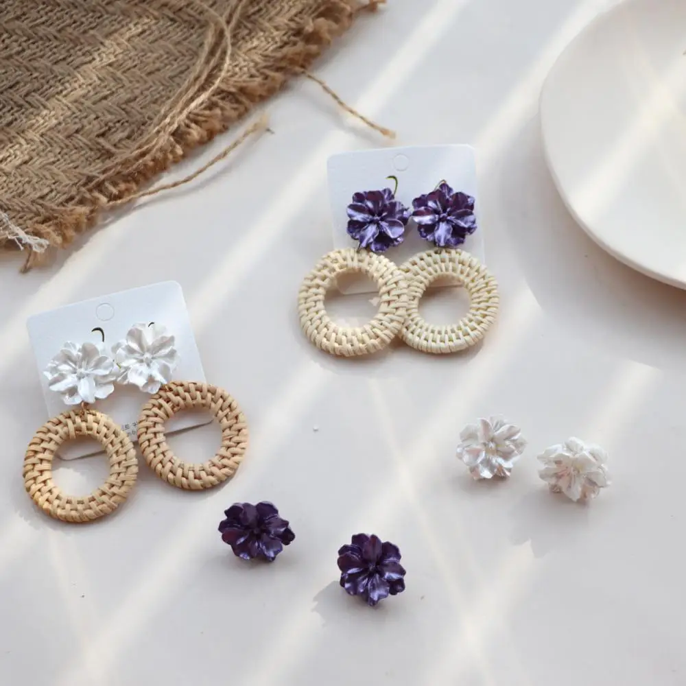 

New Bohemian Rattan Earrings Handmade Wood Weave Geometry Round Statement Earrings for Women Jewelry, Beige