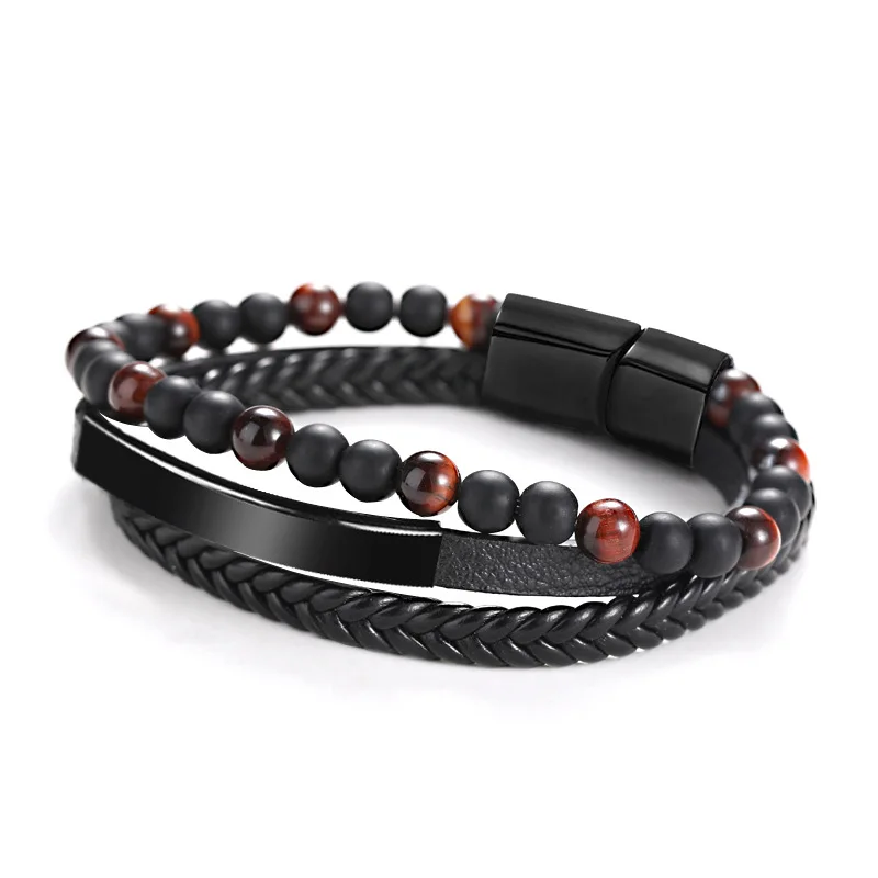 

6mm Tiger Eye Bead Bracelet Leather cord Braided bracelet Leather multilayer Men's leather black bracelet