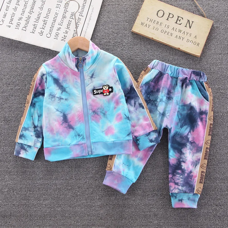 

Multi Colors fall tie dyed Baby Girls and boys Clothing set kids cotton jogger sweatsuit Kids Stacked Pants Two piece Set